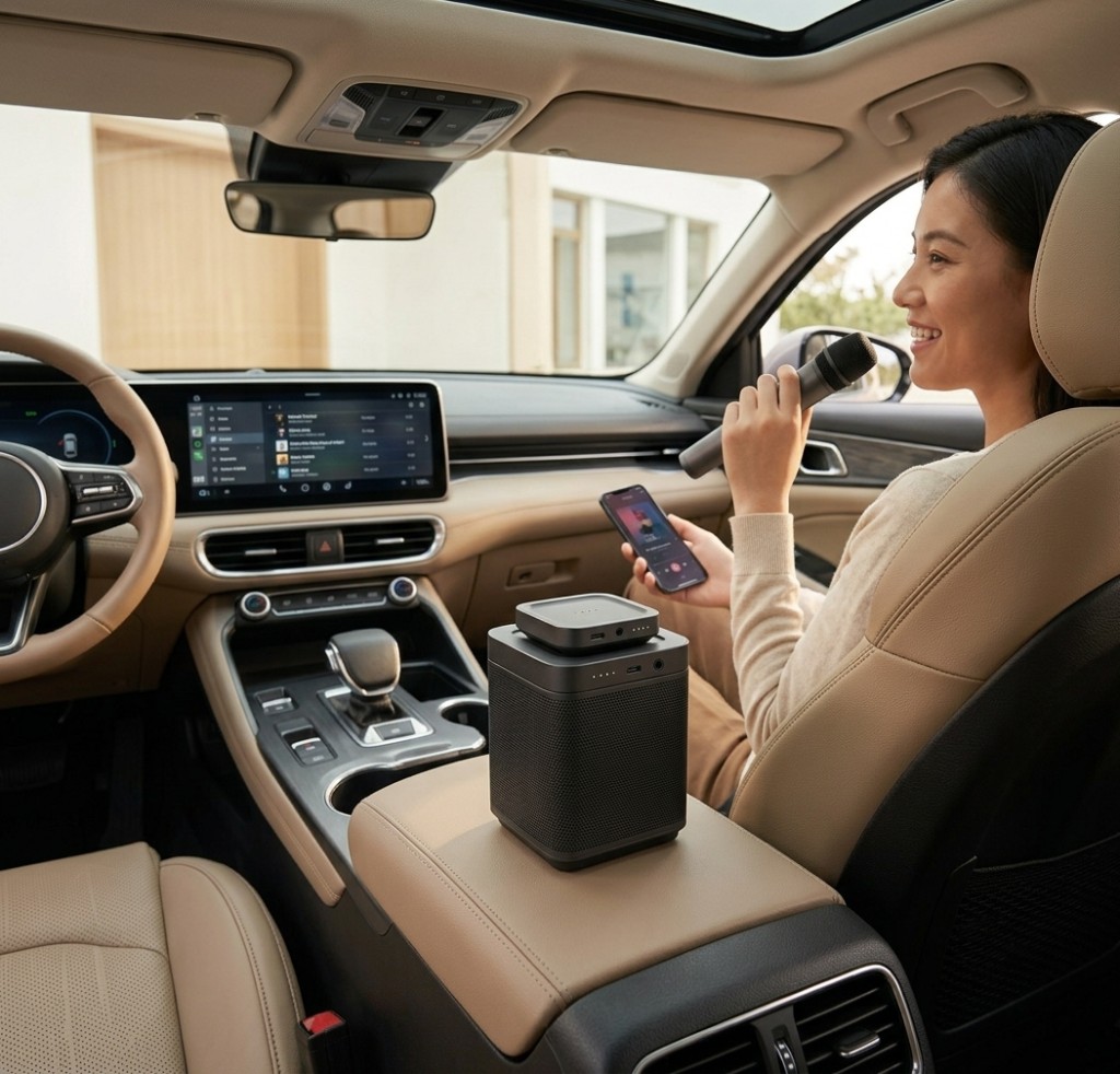 Echo 01 on a car centre console during karaoke